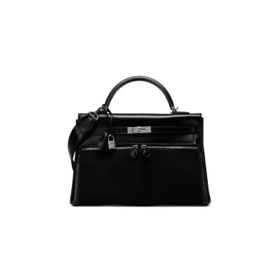 HERMÈS MASTER A BLACK SWIFT LEATHER & CANVAS KELLY LAKIS 32 WITH PALLADIUM HARDWARE (32*23*10cm) 
